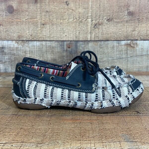 Tony Lama Boat Shoes Womens 6.5B‎ Lindale Lace Up Black Tan Woven Flats